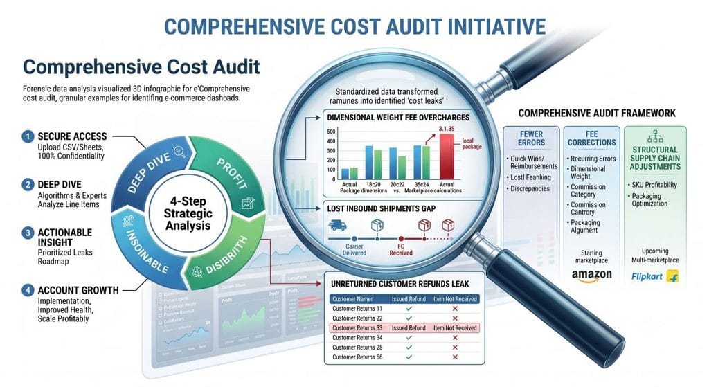 PerformBiz infographic demonstrating an e-commerce forensic audit. A "SKU Profitability Deep Dive" table shows a detailed breakdown of a "Wireless Mouse" (SKU-A1), highlighting units sold, net profit, leakage found, and margin. Below are three detailed action cards for "REIMBURSEMENT SUPPORT," "FEE CORRECTIONS," and "STRATEGIC ADVISORY," each with specific examples of revenue recovery and operational optimization strategies for marketplace sellers.