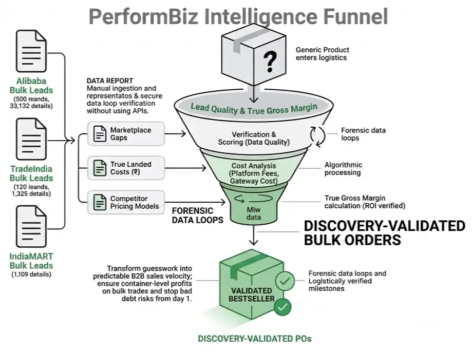 PerformBiz flow diagram on a clean white background illustrating B2B Discovery & Lead-Channel ROI