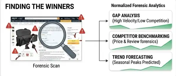 Human schematic on a clean white background within the PerformBiz dashboard visualizing the multi-pillar process for 'Product Research