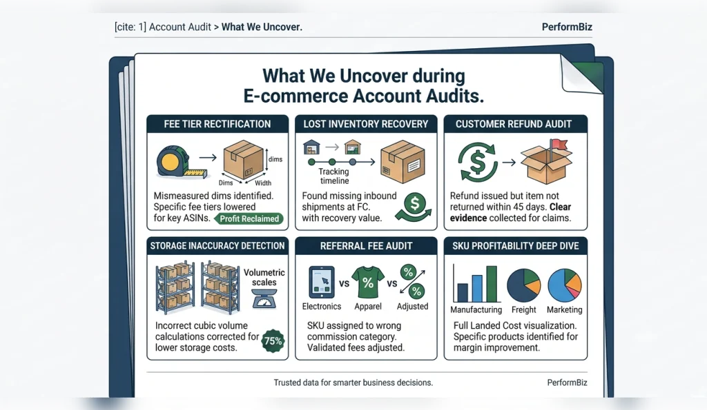 Grid illustrating PerformBiz e-commerce account audit findings: Mis-measured dimensions (fee tier rectification), found missing inbound shipments (lost inventory recovery), unreturned customer refunds, incorrect cubic volume storage costs, incorrect commission category assignments, and full landed cost visualization for SKU profitability.