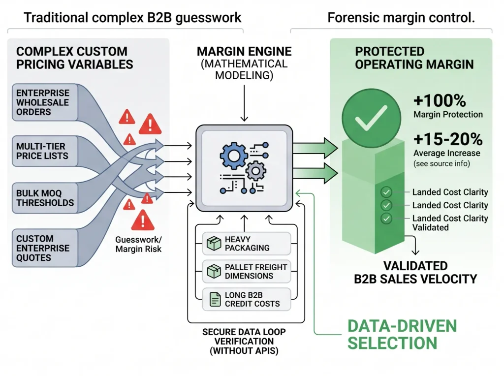 A clean visual schematic within the PerformBiz SaaS dashboard user interface frame, contrasting traditional complex B2B custom pricing guesswork against forensic margin control